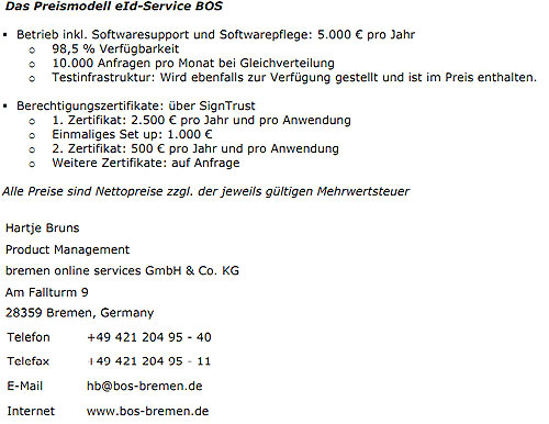 Preismodelle von Governikus ehemals Bremen online services GmbH (BOS) Stand Dezember 2010 (Quelle: http://www.ccepa.de)