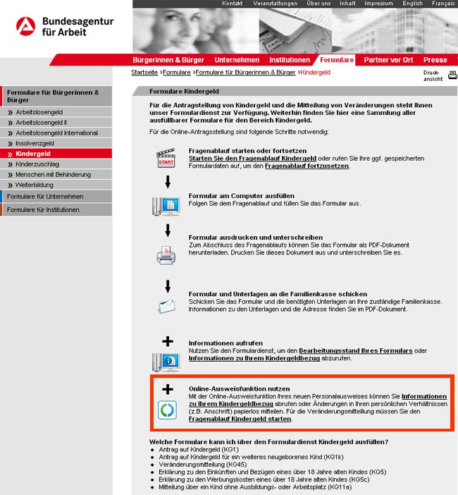 Die eID-Funktion im Formulardienst Kindergeld Online der Bundesagentur für Arbeit