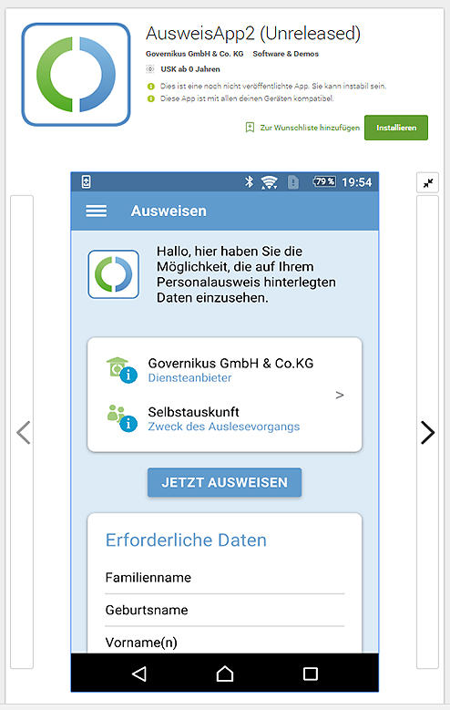 eID-Funktion mobil nutzen per Smartphone (Screenshoot aus dem Google Play Store / play.google.com)