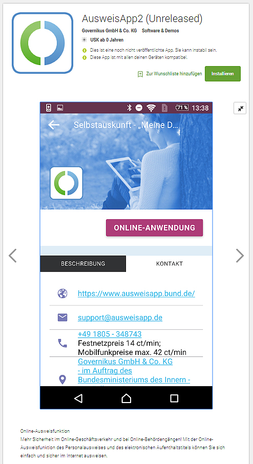 Online-Ausweisfunktion mobil nutzen per Smartphone (Screenshoot aus dem Google Play Store / play.google.com)